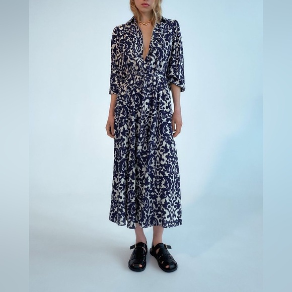 Zara Emilie Vicose Printed Damask Belted Midi Maxi Dress Blue Cream Medium M - Picture 1 of 14